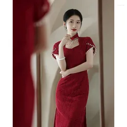 Ethnic Clothing Chinese Style Cheongsam Elegant Dress Hollow Out Collar Qipao Women Sexy Lace Flower Vestidos Year Burgundy Party Dresses
