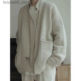 Men's Sweaters Korean style oatmeal Colour high-end folded collar knitted cardigan for men's autumn sweater jacket without button for lazy style Q240124