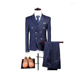 Men's Suits Suit Korean Version Blue Stripes Business Casual Office Professional Banquet Wedding Dress Host Costume