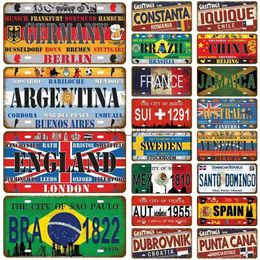 Metal Painting France Tin Sign Plaque Russia Spain Metal Sign Germany USA Country Flag Licence Plate For Wall Home Restaurant Craft Bar Decor