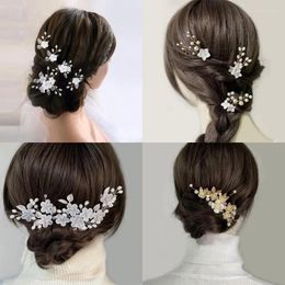 Headpieces 1set White Flower Crystal Pearl Hairpin Hair Vine Tiaras Head Piece Comb Hairpins Accessories Wedding Bridal Jewellery