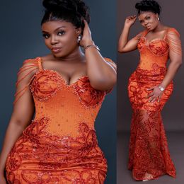 2024 Aso Ebi Mermaid Orange Prom Dress Sequined Lace Beaded Sexy Evening Formal Party Second Reception Birthday Engagement Gowns Dresses Robe De Soiree ZJ64