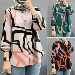 Women's Blouses Business Casual Blouse Geometric Print Round Neck Cardigan With Elastic Cuff Buttons Loose Single-breasted Shirt Mid