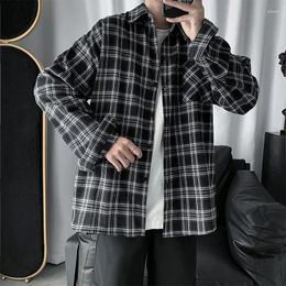 Men's Casual Shirts Men Oversized Cotton Plaid Shirt Button Up Hip Hop Long Sleeve Tops Korean Harajuku Mens Clothing Vintage Q47