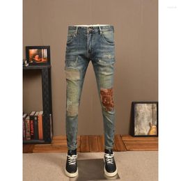 Men's Jeans Ripped Fashion Brand Stretch Slim Pants With Cloth Patch High Street Retro Blue Casual Denim