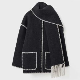 Free Shippng Women's Jacket's Wool Blends Contrast Single Breasted Women Coat with Scarf Long Sleeve Oversized Loose Tassles Jacket 2023 Autumn