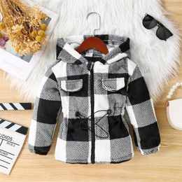 Jackets 3-7Y Kids Fashion Plaid Coats Baby Drawstring Long Sleeve Zip-up Hooded Outwear Children Fall Winter Clothes