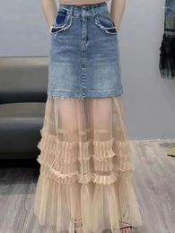 Skirts Hikigawa Chic Fashion Women Patchwork Mesh Denim Midi Streetwear Summer Sweet All Match Slim High Waist Faldas Mujer