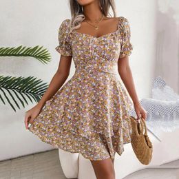 Casual Dresses Women Mini Dress Temperament Big Swing Loose Hem Flower Print Shirring Up Short Sleeves High Waist Summer Clothes