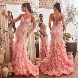 Hot Pink Feather Mermaid Prom Dresses Sexy Spaghetti Straps Lace Appliques Formal Evening Dress African Gowns For Black Girls