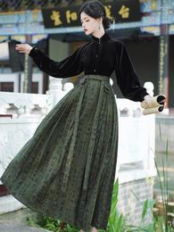 Skirts Chinese National Style Improved Ink Print Horse-face Pleated Maxi Skirt Matching Black Velvet Tops Women Casual Fantasy Costume