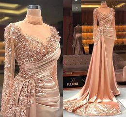 Blush Pink Women Prom Dress 2024 Sheer Neck Beaded Sequins Long Sleeve Arabic Aso Ebi Evening Party Gala Gowns Birthday Wear Robe De Soiree Customized