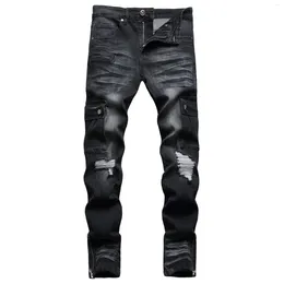 Men's Jeans Stretchy Black Baggy For Men Knee Holes Ripped Denim Skinny Fit Zipper Spliced Pants Male