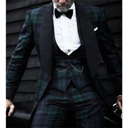 Men's Suits Green Plaid Checkered Men 3 Pieces Sets Groom Wedding Tuxedos Peaked Lapel Male Dinner Prom Party Blazers Costume Homme