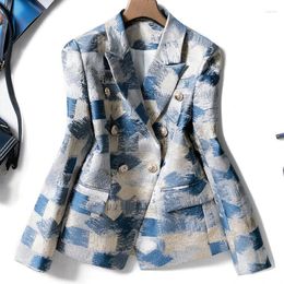 Women's Pants Brand Unique Designing Runway Women Notched Double Breasted Plaid Graffiti Printing Autumn Casual Blazer Jacket