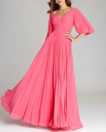 Classy Long Pink Chiffon V-Neck 3/4 Sleeve Mother of the Bride Dresses A-Line Fuchsia Royal Blue Pleated Floor Length Mom of The Groom Dress Godmother Dress for Women