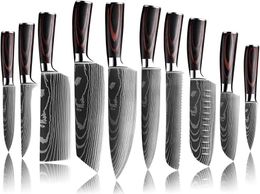 High Quality 7CR17MOV Stainless Steel Chef Knife Set Japanese Sharp Kitchen Cleaver Utility Slicing Santoku Laser Damascus Pattern8021616
