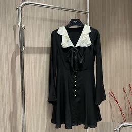 Basic Casual Dresses European Fashion Brand Black Silk Ruffled V-Neck Long Sleeved Flared Sleeves Gathered Waist Slim Fit Mini Dress D Ot6Fc