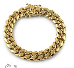 Solid 18k Gold Stainless Steel Mens Thick Heavy Miami Cuban Link Chain Bracelet 8mm-14mm Bracelets Men Punk Curb Double Safety Clasp 7WEI 7S26