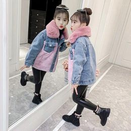 Jackets Children's Clothing Girls' Denim Patchwork Fur Collar Coat Plush Thickened Warm Single Breasted Causal Korean Winter 5-12 Yrs