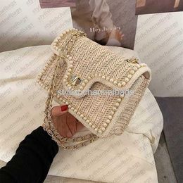 Shoulder Bags Bags Weave Square Crossbody Summer handbag New quality Straw pearl Women's Designer Handbag Pearl Chain Shoulde261T
