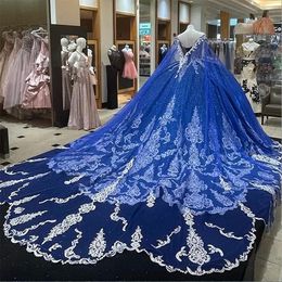 Blue Quinceanera Royal Dresses Cathedral Train Train Dradues Varuge With Cape Lace Up Princess Beeded Sweet 15 16 Robe 0604