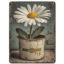 Metal Painting Vintage Tin Sign Flowers White Daisy with Dew Drop Metal Sign Retro Wall Decor for Home Cafes Office Store Pubs Club
