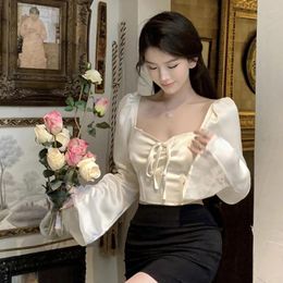 Women's Blouses Shirt Lace Split Trumpet Sleeves Square Neck Blouse Vintage Court Style Slim Sexy Summer Inside Wear All-Match