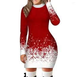 Casual Dresses Women Printed Dress Polyester Fiber Snowflake Print Winter Gradient Color Sheath Warm Long Sleeve Party Mini