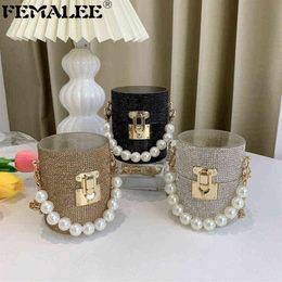 New Designer Trending Purses And Handbags Women Rhinestone Diamond Bucket Bag Evening Bridal Party Pearl Chains Lipstick Clutch Y2336I