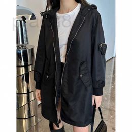 Women's Trench Coats Designer P 2024 Early Autumn New Hooded Nylon Windbreaker Coat Mid length Classic Loose Fit Versatile 4W66