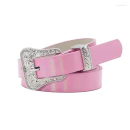Belts Fashion Laser Pink Silver Women's Thin Belt Personality Pattern Carved Pin Buckle PU 2024 Summer