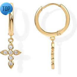 PAVOI 14K Gold Plated S925 Sterling Silver Post Lightweight Drop Dangle Huggie Hoop Earrings for Women | Star Lock Pearl Cross Lightening Coin | Dainty Earrings