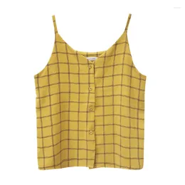 Women's Tanks V-neck Chiffon Plaid Camisole Tops Women 2024 Causal Loose Sleeveless Spaghetti Strap Button Camis Waistcoat Tees