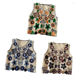 Women's Vests 652F Women Hollow Crochet Knit Vest Waistcoat Beaded Embroidery Colorful Floral Sleeveless Cardigan For JACKET Button Crop To