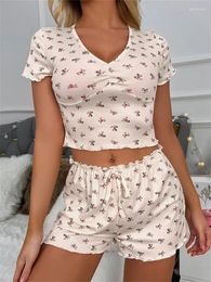 Women's Tracksuits CHRONSTYLE Vintage Women 2 Pieces Pyjama Sets Floral Print Short Sleeve V-neck T-shirts Crop Tops Elastic Shorts