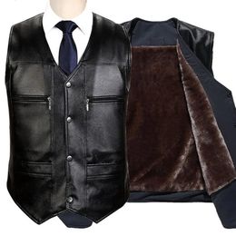 Solid Colour Men Vest Faux Leather Stylish Midaged Men's V Neck with Plush Lining Multiple for Fall 240119