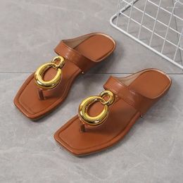 Slippers Summer Women Flat Casual Home Shoes Square Toe Metal Decorative Slipper Large Size 35-43 Flip Flops Solid Beach Slides