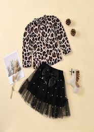 Autumn Kids Clothing Sets Children Leopard Printed Long Sleeve Top Bowknot Pearl Lace Mesh Short Skirt 2PcsSets Girl Suit M28671616817