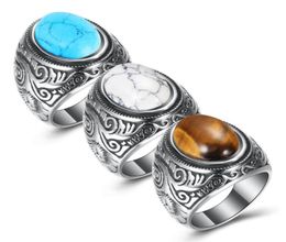 Top quality Stainless steel Turquoise Rings For Men Women vintage Retro Ancient silver Punk Titanium steel finger Rings Fashion Je2551213