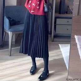 Skirts Pleated 2024 Design Women Office Lady Work High Waist Elastic Bland A Line Formal Long Skirt