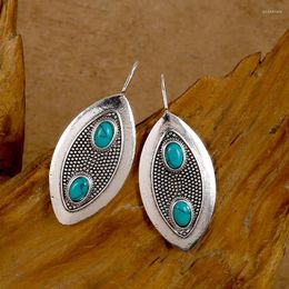 Dangle Earrings Vintage Leaf Shaped National Silver Plated Double Turquoise Lady