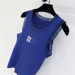 Women's tank top salty sleeveless knitted vest clothing sexy tight fitting light luxury classic slimming spring letter jacquard organza patchwork top