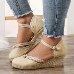 Sandals Women Platform Wedge Shoes Fashion Versatile Braided Buckle Breathable For Woven Straw Footwear