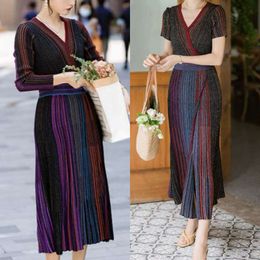 Colourful Knitted Slim Dress Vneck Gold Silk Contrasting Long-sleeved Short-sleeved Slit High Waist Pleated Gradient Waist Cross Fold Collar Skirt For Woman FZ0051