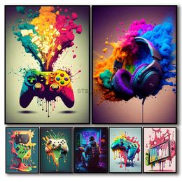 Paintings 80s 90s Colorful Neon Gamer Controller Canvas Poster Fantasy Earphones Esports Gaming Wall Art Painting For Kawaii Room Decor