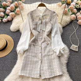 Casual Dresses Women's Autumn Outfits Long Sleeve Top Lace-up White Shirt Retro Plaid Single-Breasted Suspender Two-piece Dress Set