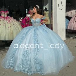 Sky Blue Sparkly Princess Quinceanera Dresses Off Shoulder 3D Floral Applique Corset Boning vestidos de xv anos 2024 Sweet 15