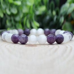 MG1985 8 MM 3A Grade Selenite Lepidolite Mixed Bracelet Womens Beaded Gemstone Energy Healing Crystals Jewellery