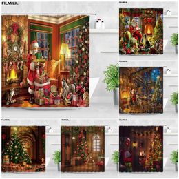 Shower Curtains Retro Oil Painting Christmas Shower Curtains Santa Claus Garland Xmas Tree Vintage Fireplace New Year Decor Bathroom Curtain Set